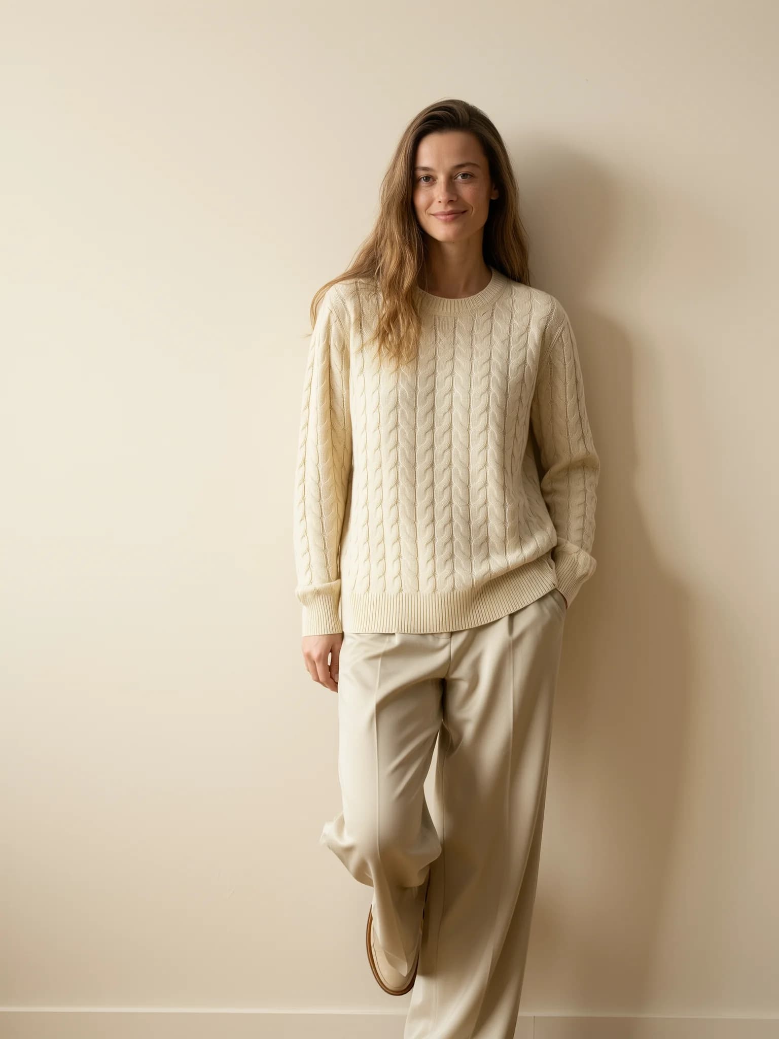 Model wearing the Cable Knit Sweater — NAJEON