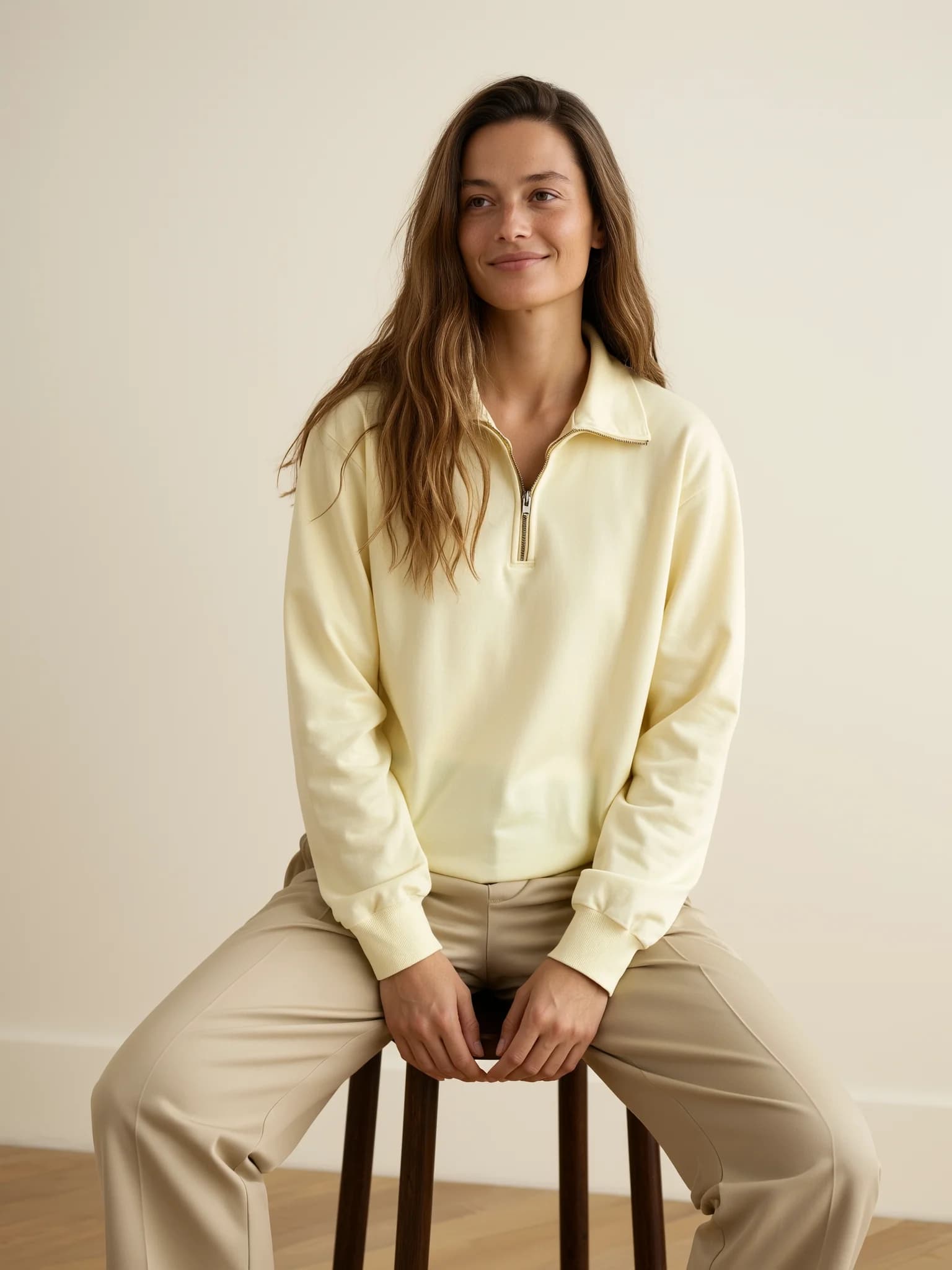 Model wearing the Half-Zip Pullover — NAJEON